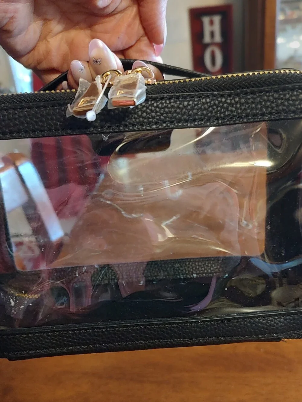 BELLAMI Black Toiletry Case with Clear Top and Gold Accents